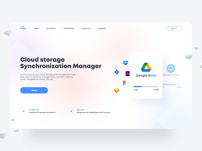 Landing - App for integration and synchronization of services app design branding cloudfilesharing cloudmanager dribbbling dribble filesharingandstorage landing landing page logo minimal open opengeekslab ui uidesignconcept uiux white