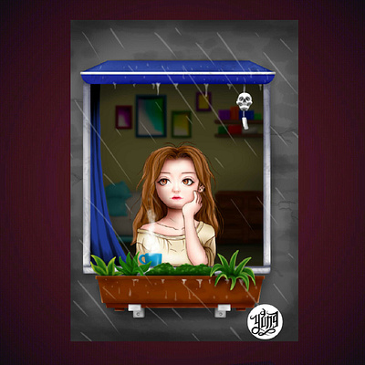 Lonely rainy day coffee cute digitalpainting girl illustration