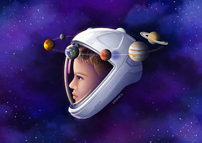 Daydreamer astronaut children cosmos cute daydream digital drawing digital painting dream gift illustration kids orbit planets portrait procreate space spacex special stars universe