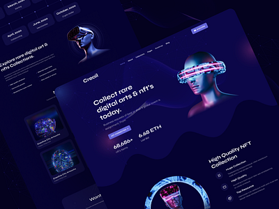 Crecil - NFT Marketplace Landing Page boomdevs dark website ecommerce illustration landing page marketplace nft nft project ui ux