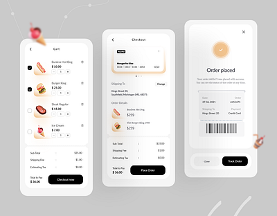 Food Delivery App app design app designer cart checkout design ecommerce food interface minimal mobile app order placed ui design user experience user interface