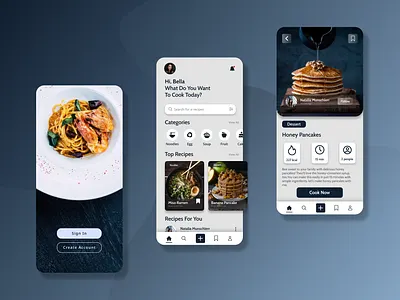 CookPedia Mobile App Concept brand branding dark design drink figma food foodrecipes graphic design light lightmood mobileapp noodles pancakes recipes restaurant uidesign ux uxdesign