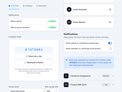 Group Administration Components administration avatar badge button code components form input invitation list notification select settings table tabs toggle ui ui kit user interface ux