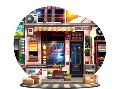 Arcade shop arcade childhood city facade gameboy gaming illustration nintendo retro retrogaming shop travel