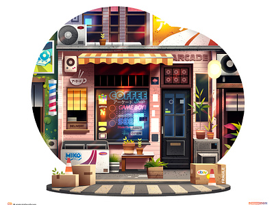 Arcade shop arcade childhood city facade gameboy gaming illustration nintendo retro retrogaming shop travel
