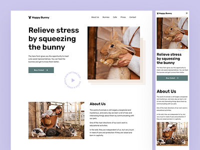 Happy Bunny Zoo Concept Design 2d adaptation animals bunnies care clean design content cute daily farm figma kindness landing page rabbits site ticket ui web white zoo