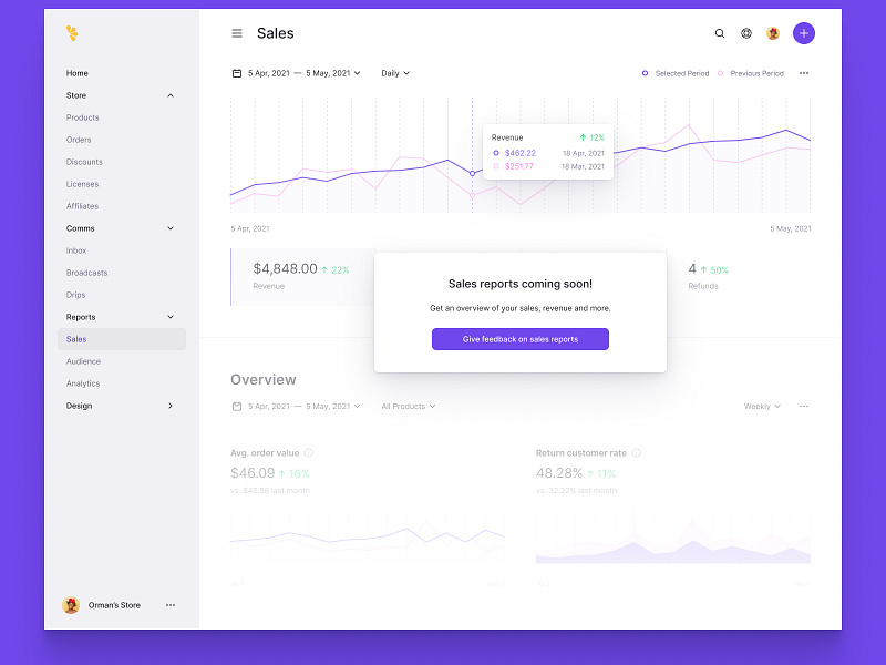 Sales Reports charts clean clean ui dark dark mode design ecommerce ecommerce app ecommerce design ecommerce shop graphs minimal minimalism minimalist money reports revenue sales ui ux