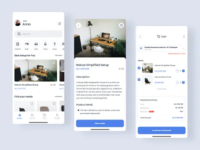 Furniture Mobile Apps branding cart chair checkout clean design desk e commerce flat design furniture illustration items mobile app mobile ui order setup table uidesign uiux