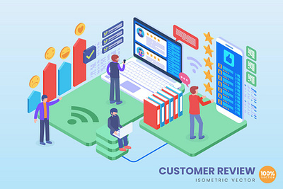 Isometric Customer Review Concept 3d animation 3d art 3d character 3d illustration app banner concept design illustration isometric isometric design landing landing page logo page technology ui web design web development website