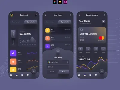 Finance/Crypto Currency App - Dark UI app app graphs app ui appdesign crypto app dark dark mode dark ui finance app graphs list view mobile mobile app mobile app design mobile app ui mobile design mobileapp mobiledesign night mode overlay