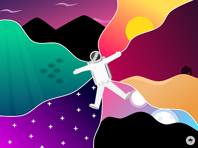 Discovery astronaut blue desert design discovery exploration flat green horizon icon illustration ocean orange pink purple stars sunrise vector white yellow