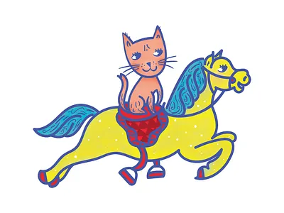 Happy Cat and Carousel Horse art that connects carousel horse cat design child brand collective consciousness digital illustration fun art home decor illustration playful positive vibes rachel bedel sticker teepublic tshirt