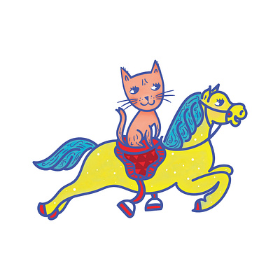 Happy Cat and Carousel Horse art that connects carousel horse cat design child brand collective consciousness digital illustration fun art home decor illustration playful positive vibes rachel bedel sticker teepublic tshirt