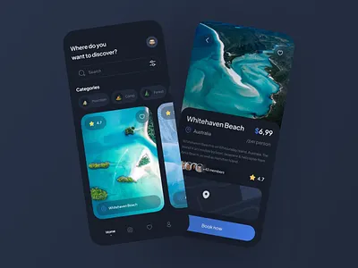 🏕️ Travel App - Dark Mode adventure app booking clean dark design explore minimal mobile tourism travel traveler traveling trip ui user interface ux vacation