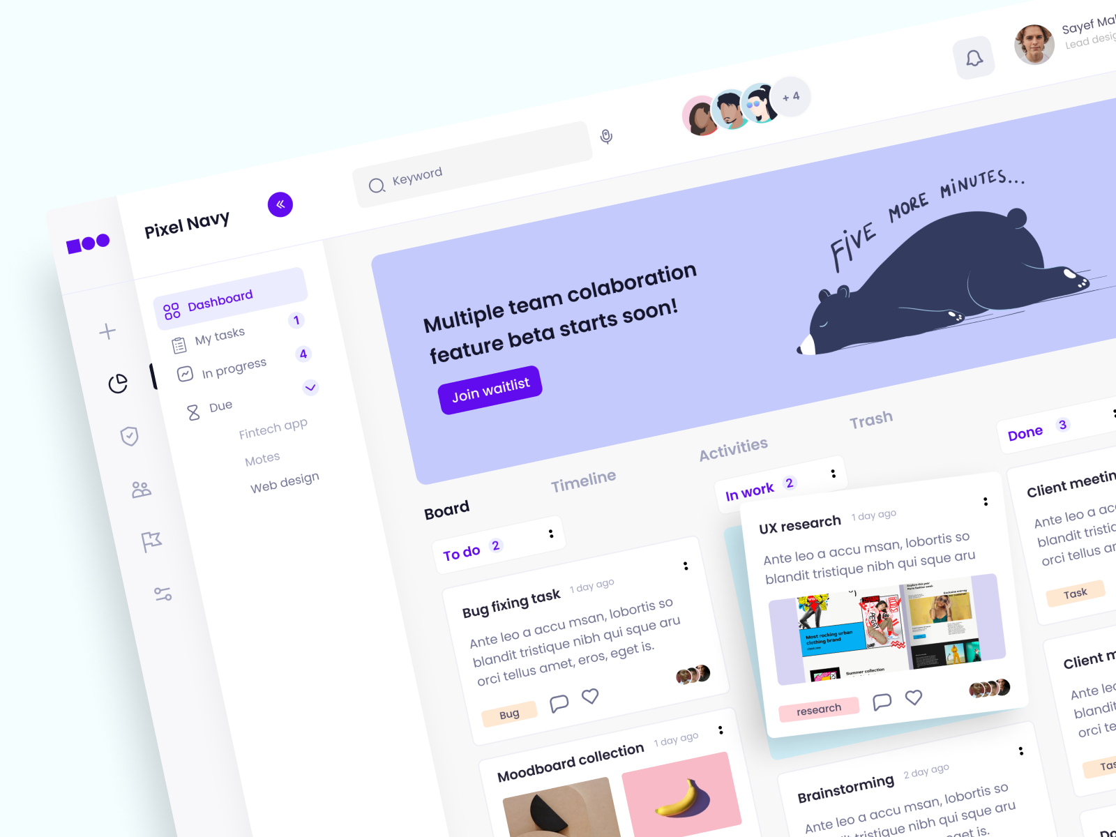 Project management dashboard UI