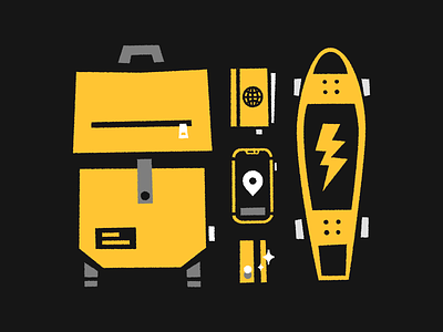 Travel Essentials Illu backpack credit card illustration illustrator passport penny board phone rosek skateboard travel essentials vector