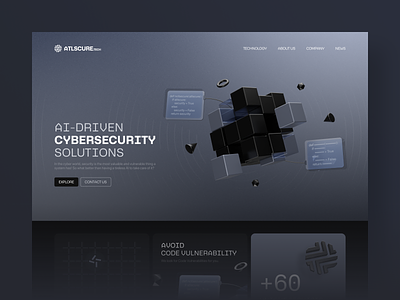 Cybersecurity Company Landing Page 3d ai black blender company cube cybersecurity design glass gray illustration it landing saas security tech technology ui