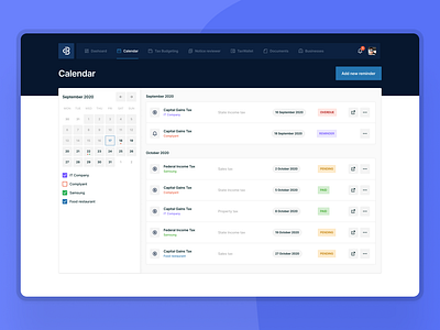 Complyant - Calendar app checkbox colors dashboard date picker design figma list reminder ui web webapp