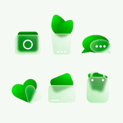 Glass morphism style icons set. Camera, houseplant, feedback, he heart