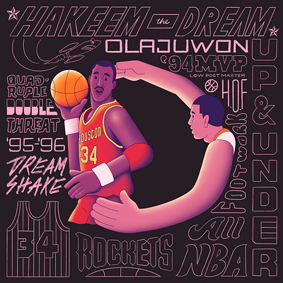 Basketball Alphabet: D is for Dreamshake 36daysoftype basketball basketballart hakeemolajuwon illustration lettering nba nbaart rockets