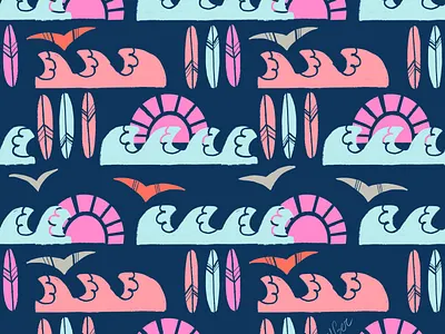 Ocean pattern design flat geometric illustration ocean pattern patterndesign sea seagul summer sun surf surfacedesign surfing vibes waves