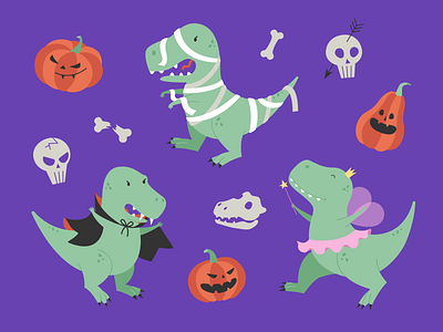 Halloween dinosaurs adobe illustrator beauty character character design children illustration cute dino emotion fun halloween illustration pumpkin simple t rex trick or treat vector