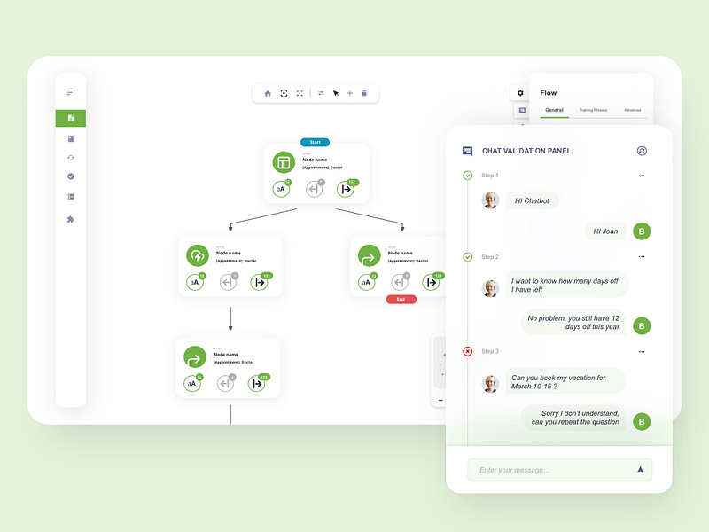 Flow map diagram with expandable chat details app canvas chat chatbot data flow design diagram flow gojs message toolbar ui