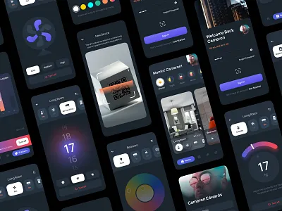 Smart Home Application air conditioner app chart dark mode design fan gradient interface light mobile smart home ui ux washing machine