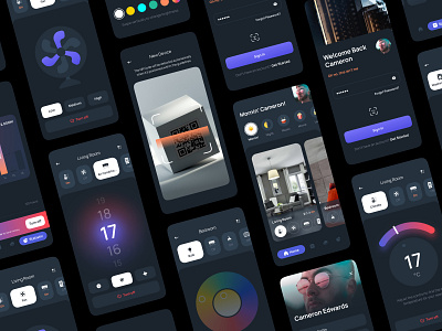 Smart Home Application air conditioner app chart dark mode design fan gradient interface light mobile smart home ui ux washing machine