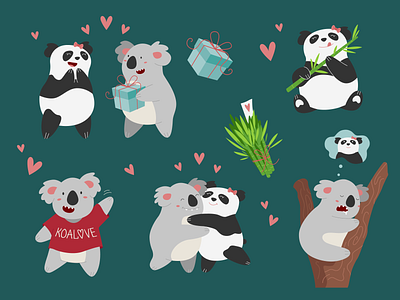 Koalove adobe illustrator beauty character character design children illustration cute emotion heart illustration koala love panda saint valentines simple vector