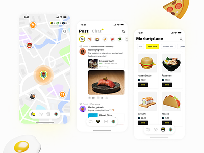 EatMe - Eat-to-earn NFT App clean design clean ui colorful ui eat to earn floating tab food ui graphic design illustration ui maps ui mobile design nft nft app nft app ui restaurant ui simple ui to earn app ui ui design ux yellow ui