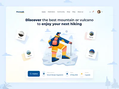 Muncak - Landing Page blue clean desktop flat header hero image hiker hiking home page illustration landing page mountain tour ui ux vulcano website