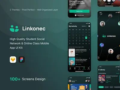 Linkonec UI Kit - Full Preview (Dark Mode) activity app chat dark mode e library education mobile mobile app online course online event online learning profile scholarship students study app teacher ticket page ui ui kit ux