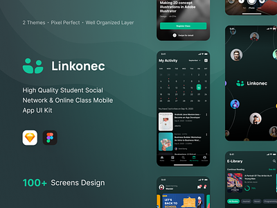 Linkonec UI Kit - Full Preview (Dark Mode) activity app chat dark mode e-library education mobile mobile app online course online event online learning profile scholarship students study app teacher ticket page ui ui kit ux