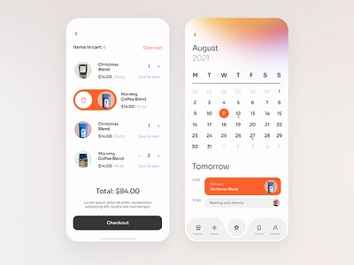 Coffee app UI exploration for Milkinside 3d app back banding branding c4d cal calendar call to action checkout coffee delete list orange schedule swipe tab bar ui ux