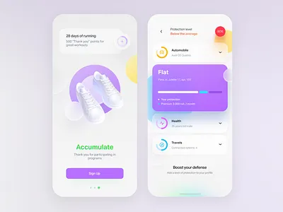 Future of Insurance by Milkinside branding care dashboard elegancy home innovation insurance insure list main onboaridng purpure secure simple sneakers sos ui ux white
