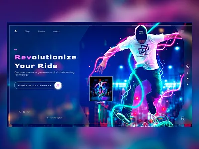 Modern Skateboarding E- commerce Website boards dark blue theme dynamic e commerce electric boards energetic engaging interface futuristic design high tech landing page modern modern design online store skateboarder skateboarding tech trick ui ux web design