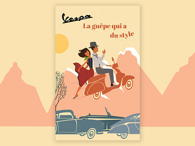 Affiche - Vespa | Projet fictif affiche couple design guêpe illustration montagne publicité scooter typography vector voiture