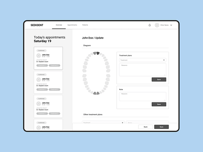 Wireframe of SeekDent design ui ux