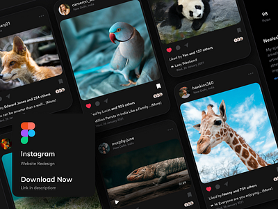 Instagram Dark Mode Concept branding cards dark mode darkmode design download figma illustration instagram minimal redesign typography ui uikit ux website