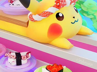 Pikachu Sushi Bullet Train 3d b3d blender conveyor belt fan art food kawaii pikachu pokemon sushi tako