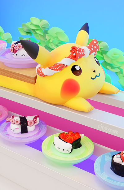 Pikachu Sushi Bullet Train 3d b3d blender conveyor belt fan art food kawaii pikachu pokemon sushi tako