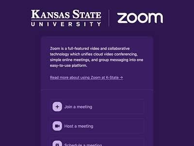 K-State Zoom landing page (dark mode) landing page