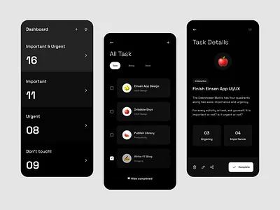 Einsen | Task Manager App app clean dark mode dark theme minimal mobile app mobile ui notes app productivity app task manager app todo app ui uidesign ux uxdesign
