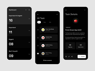 Einsen | Task Manager App app clean dark mode dark theme minimal mobile app mobile ui notes app productivity app task manager app todo app ui uidesign ux uxdesign