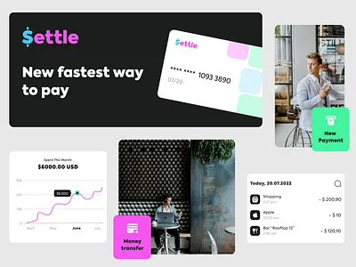 Branding concept for Settle | FinTech Banking App applicaiton b2b b2c branding business card color concept design fintech green inspiration palette payment pink ui ux