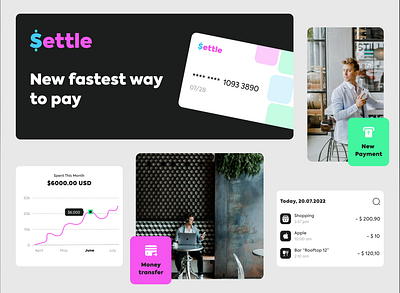 Branding concept for Settle | FinTech Banking App applicaiton b2b b2c branding business card color concept design fintech green inspiration palette payment pink ui ux