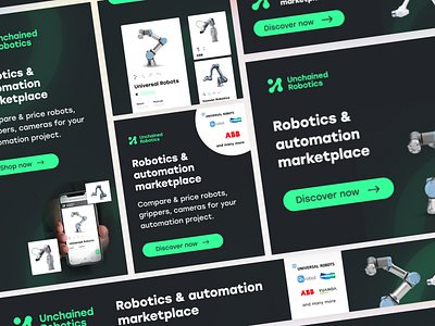 Robotics Marketplace Google Responsive Ads ads campaign campaign dark dark mode design google ads graphic design graphics green neon responsive ads social media campaign social media design social media post ui ui design unchained robotics universal robots