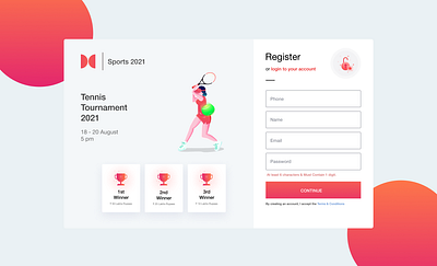 Tennis Tournament 2021 Sign Up Page - #DailyUI Challenge - 001 adobe xd app branding clean clean ui dailyui figmadesign illustration signup tennis ui uiux user interface ux web design