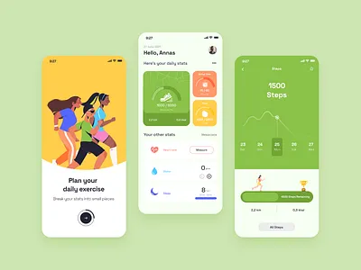 Health Tracking App - User Interface Mobile Design colorgreen design exercise fitness flatdesign green gym healthtracking healthtrackingapp heartrate illustration uidesign uiux userinterfacedesign
